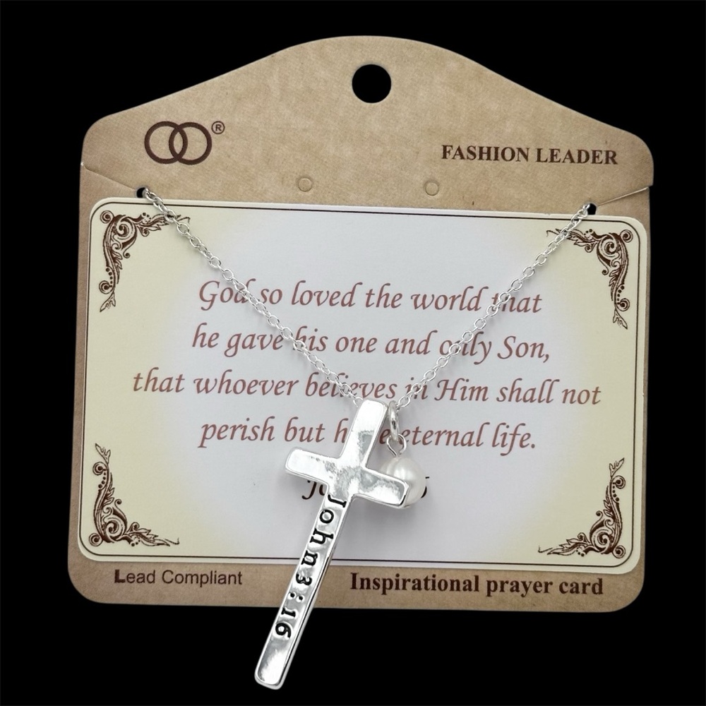 John 3:16 God so loved the World Cross Silver Tone Necklace